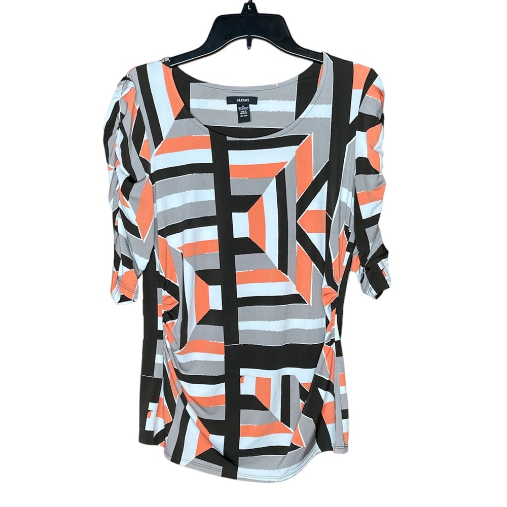 Alfani Black Orange White Short Sleeve Blouse Side Detail Scoop Bottom Medium